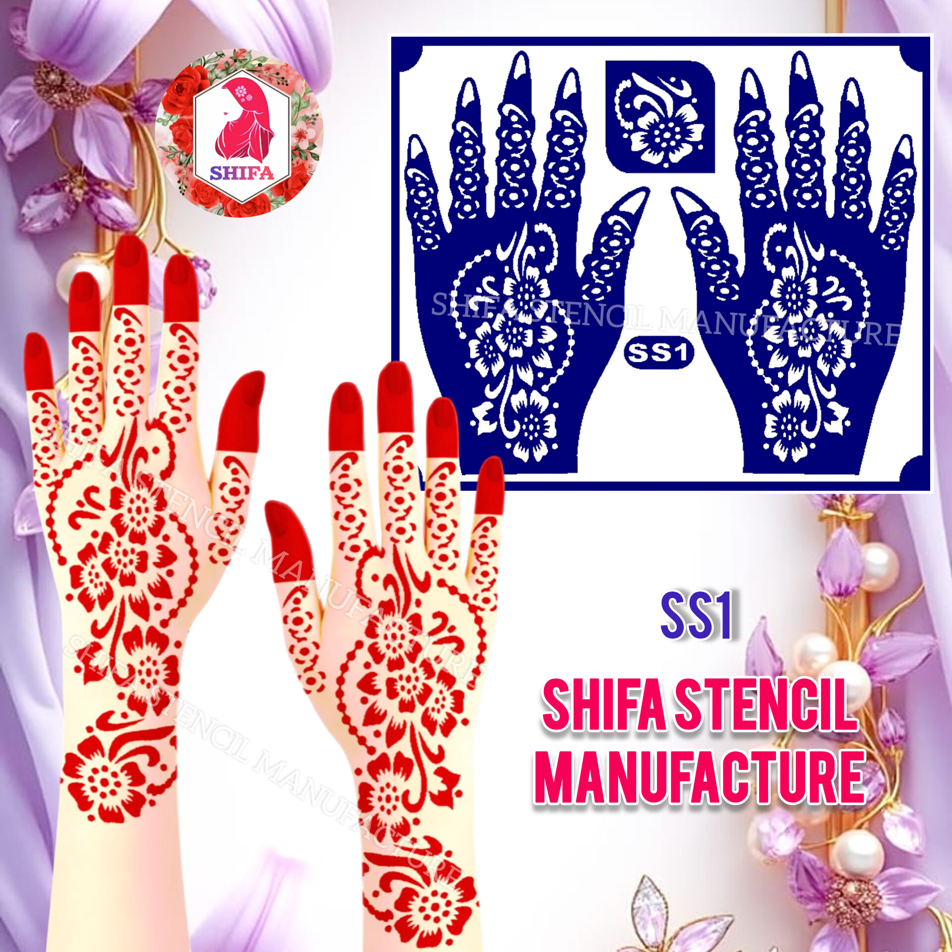 SS1 Floral Patterned Arabic Design  Sticker Overview  Henna Stencil - Shifa Stencil